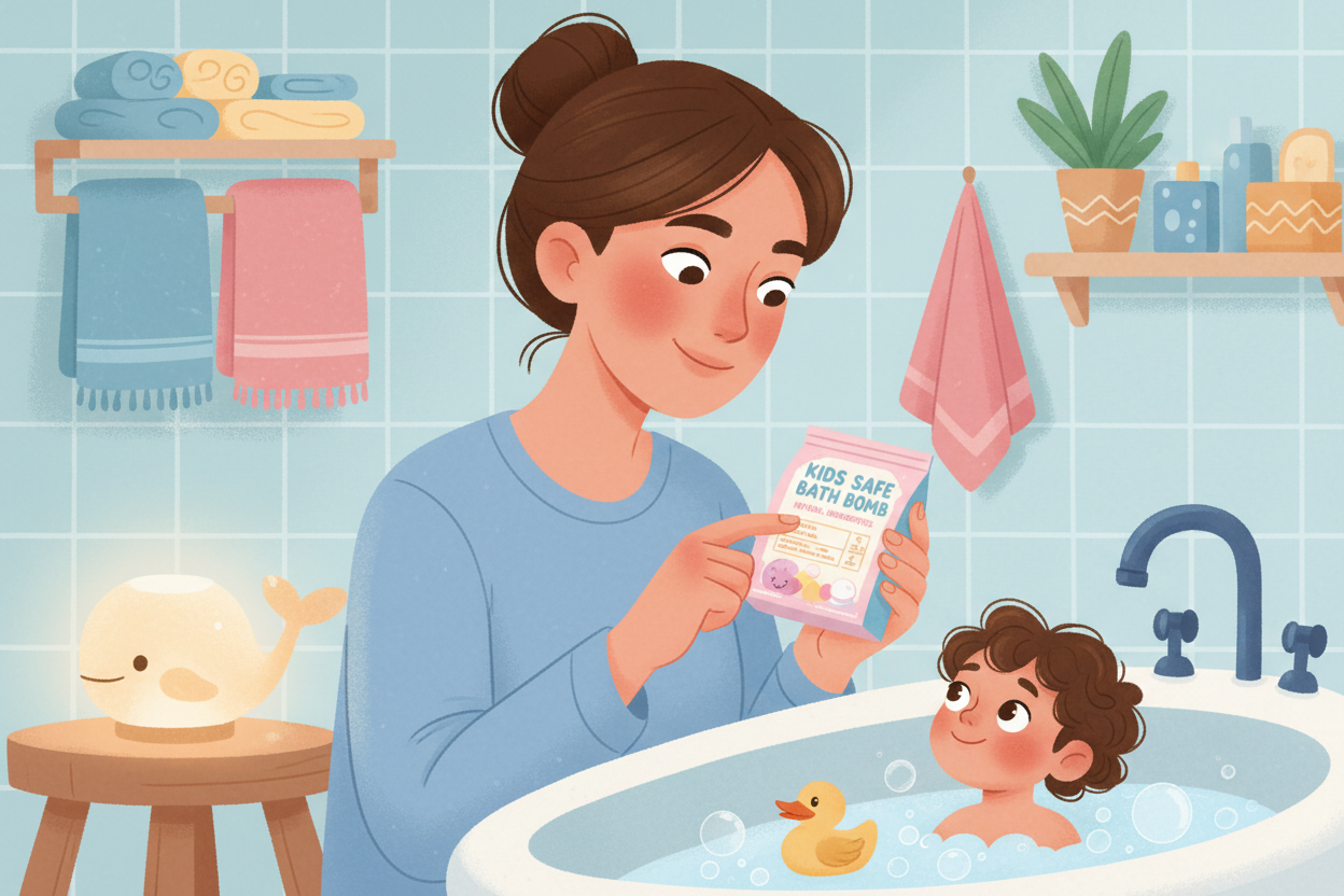 Parent reading the ingredient label on a kids bath bomb product to check for safe, skin-friendly ingredients