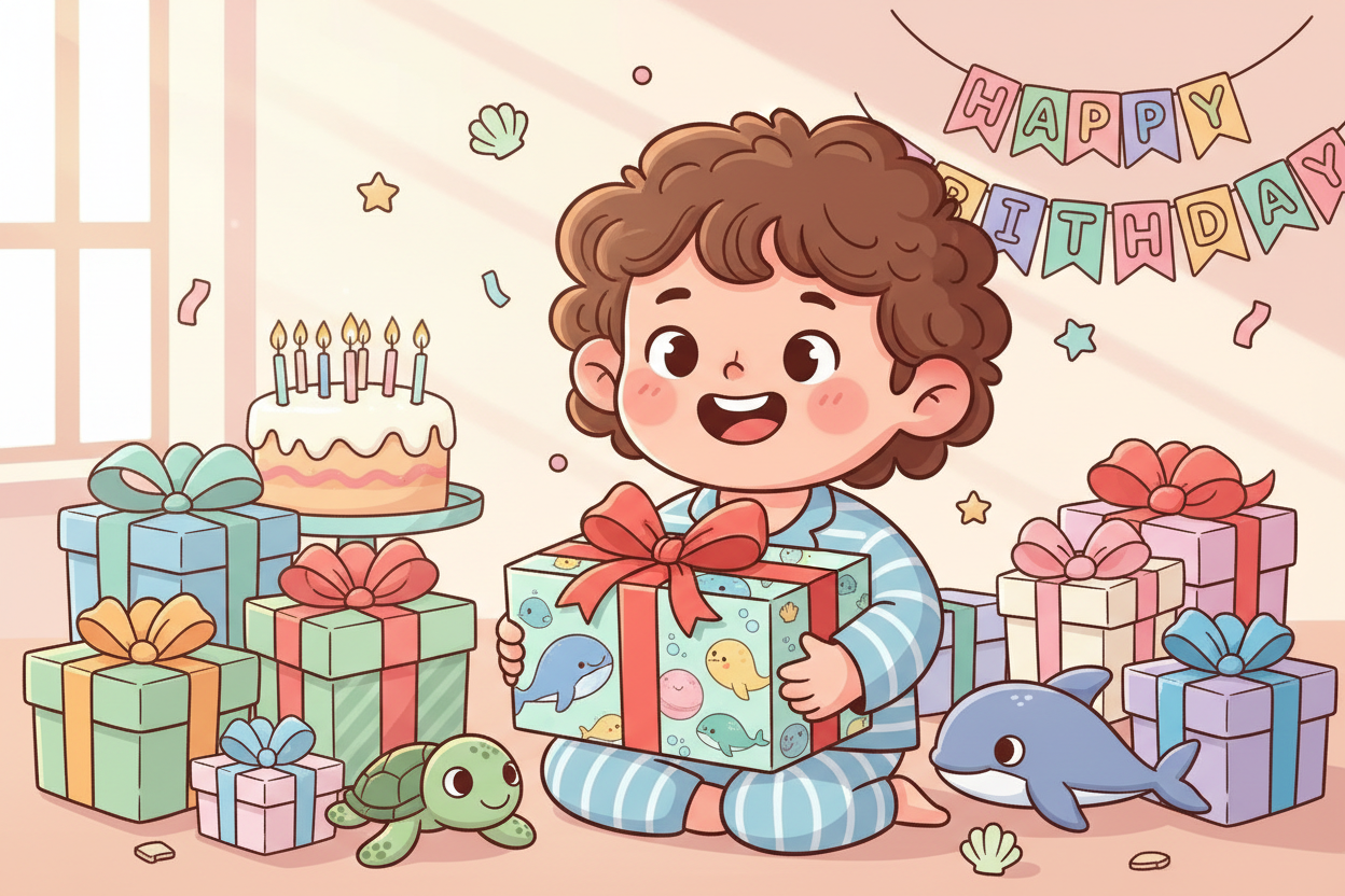 Child holding a colorful ocean-themed bath bomb gift box with sea turtle and dolphin toys, surrounded by birthday presents