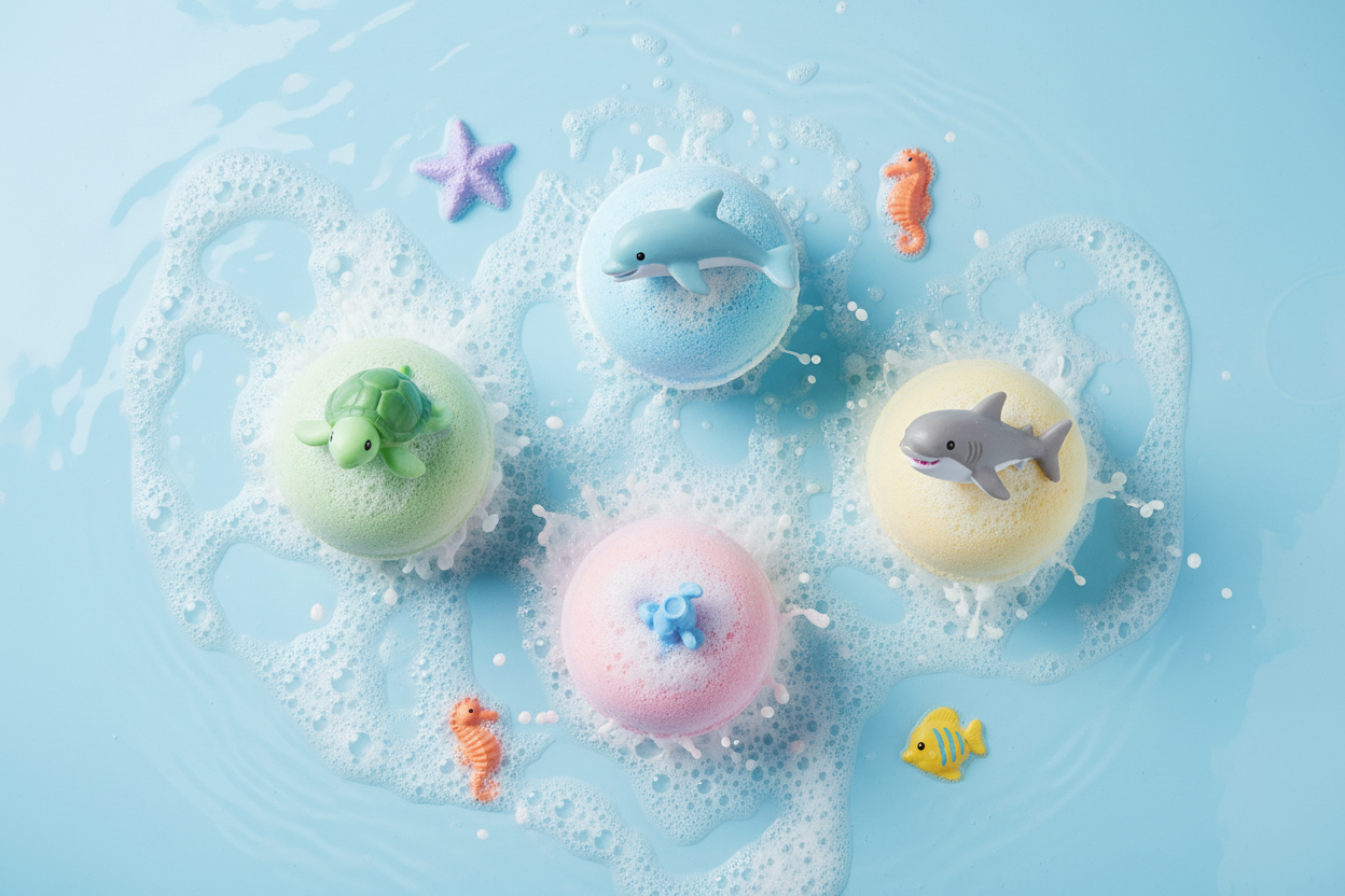 Colorful bath bombs for kids with hidden ocean toys inside, surrounded by bubbles and sea animals
