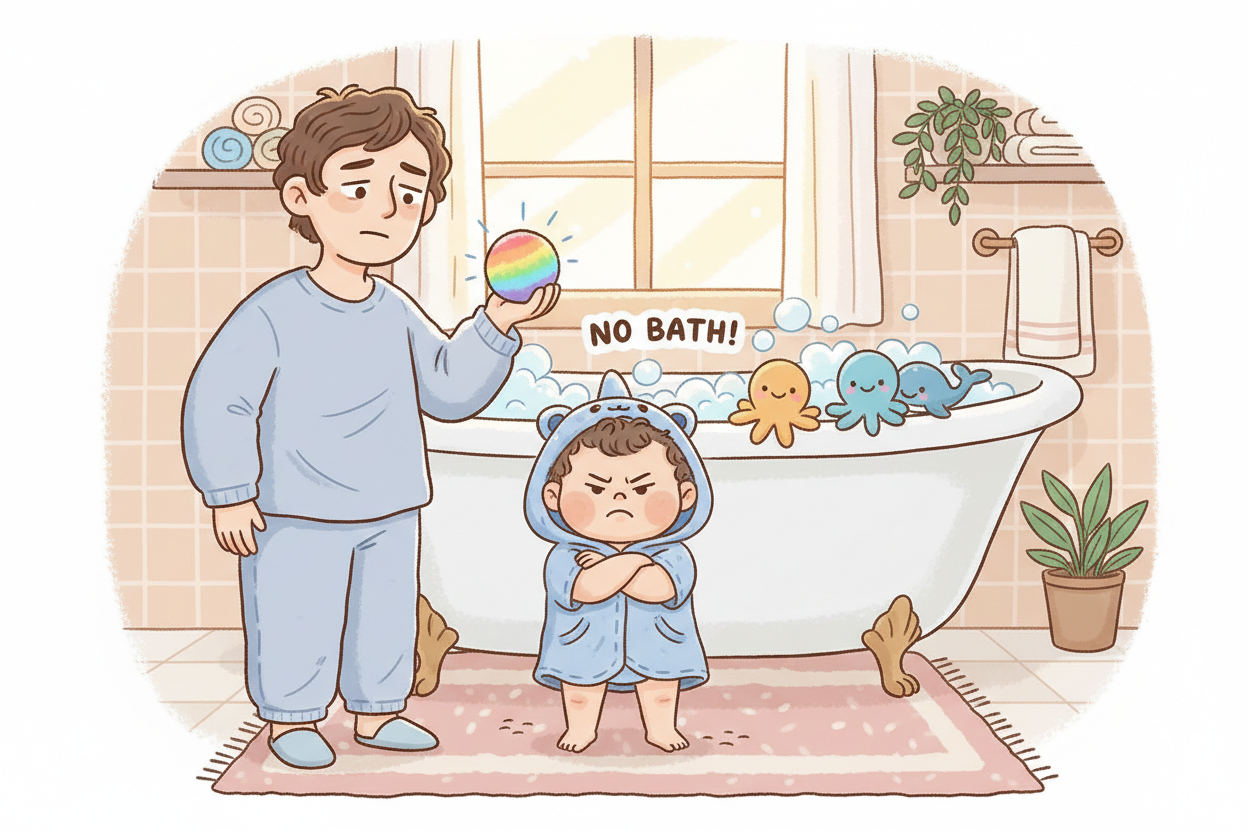 Cartoon illustration of a parent holding a colorful bath bomb to convince a reluctant toddler to get in the bathtub, sea animal toys on the tub edge