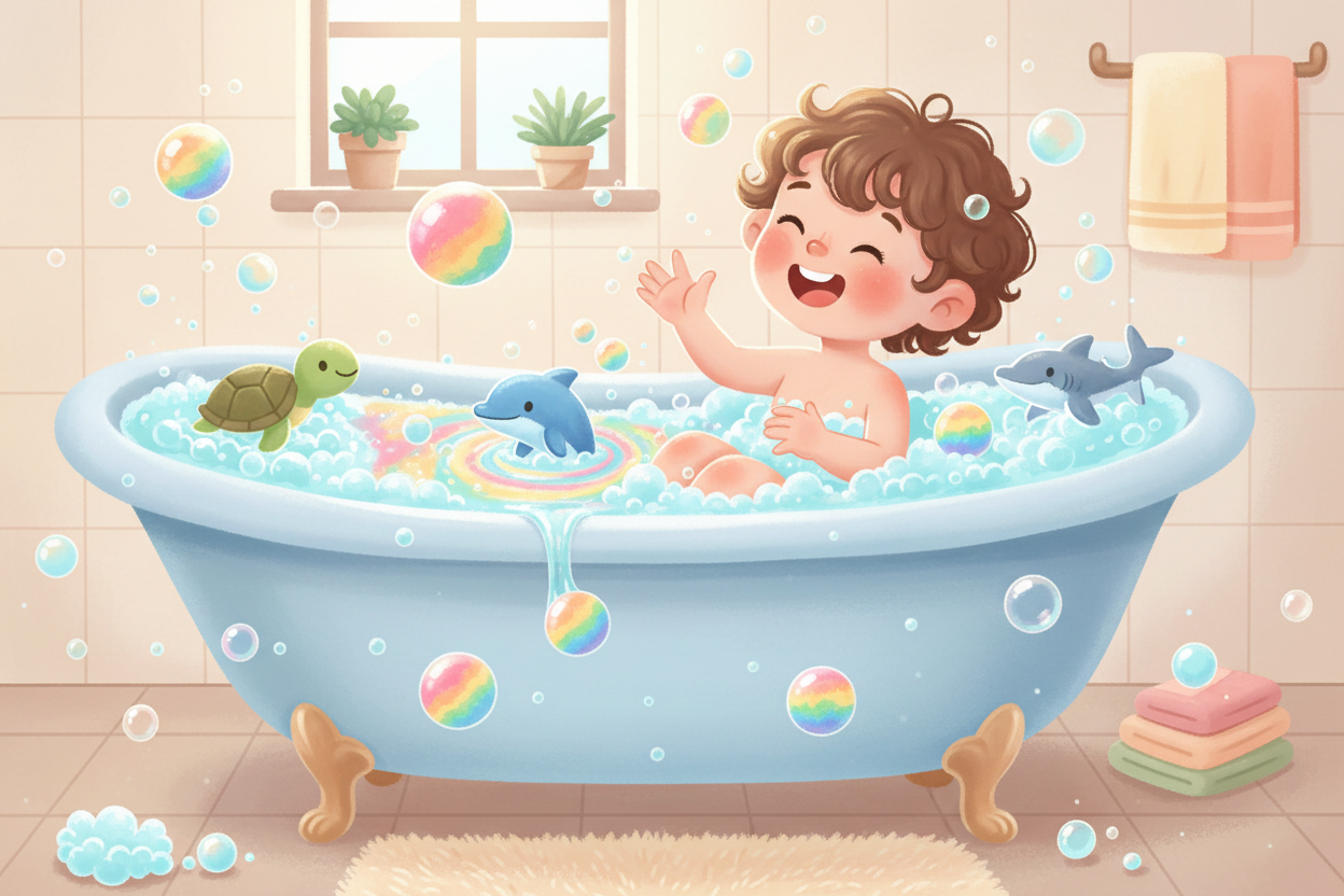 Child in a bathtub with colorful ocean bath bombs fizzing and revealing sea animal toys including a turtle, dolphin and shark