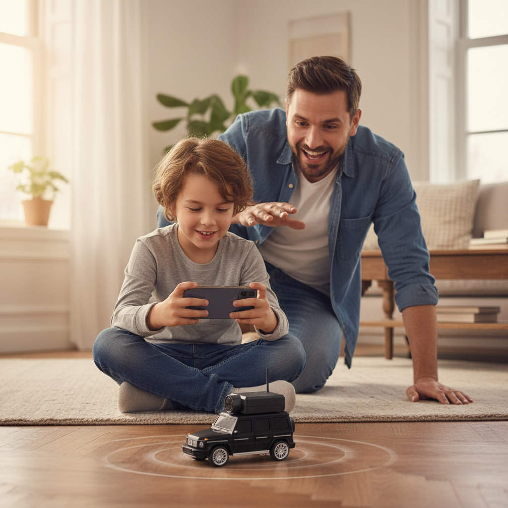 Enfant contrôle la RC car avec son téléphone, papa jaloux amusé