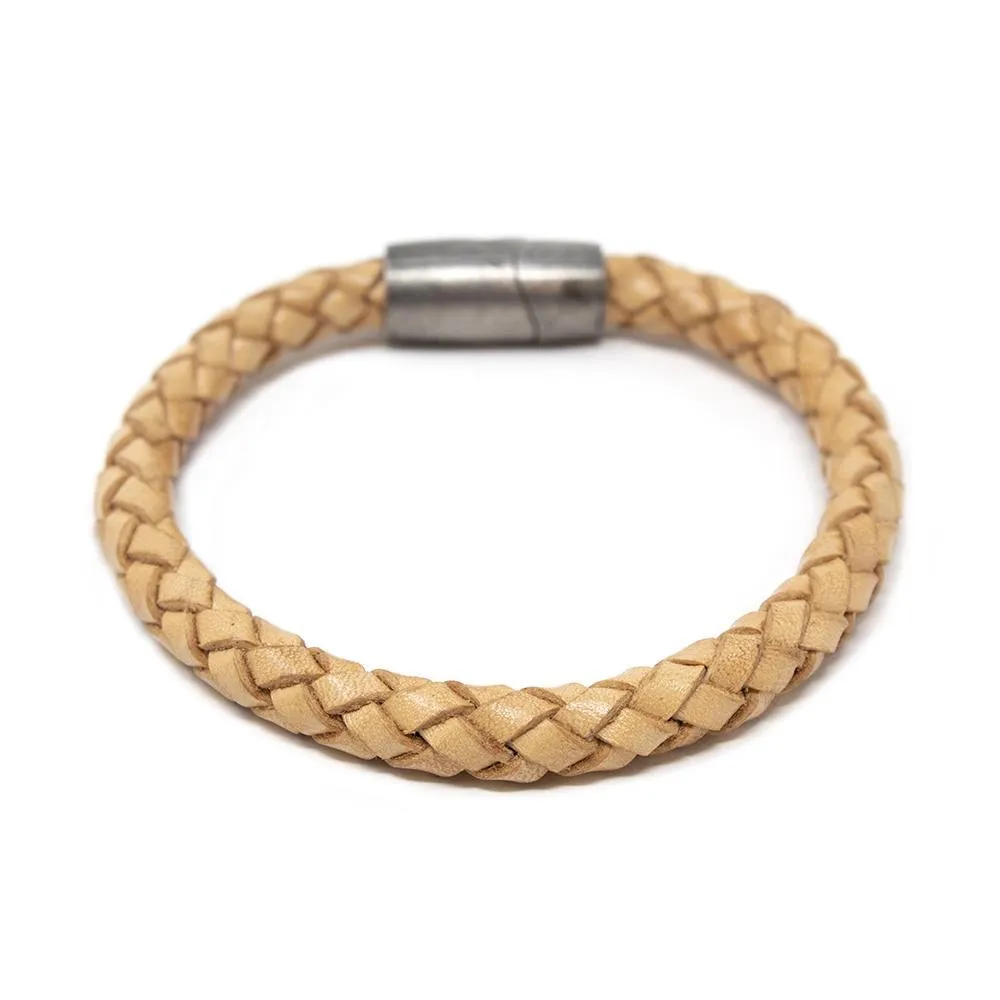 Braided Leather Bracelet with Puzzle Clasp Beige Large