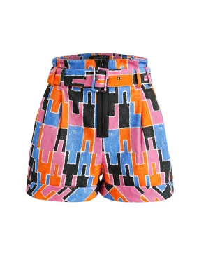 MARK FAST WOMEN PLEATED BELTED SHORT WITH ORANGE RED NEON PUZZLE PATTERN