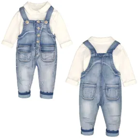 Toddler Washed White Polo Pocketed Overalls Set